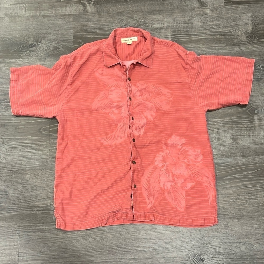 Tommy Bahama Red Striped Floral Silk Button Up Short Sleeve Shirt